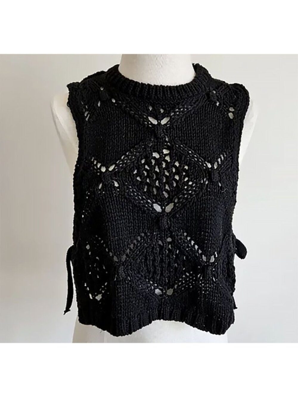 Zara black cotton crochet pointelle Pom-Pom Knit Vest, side ties, M